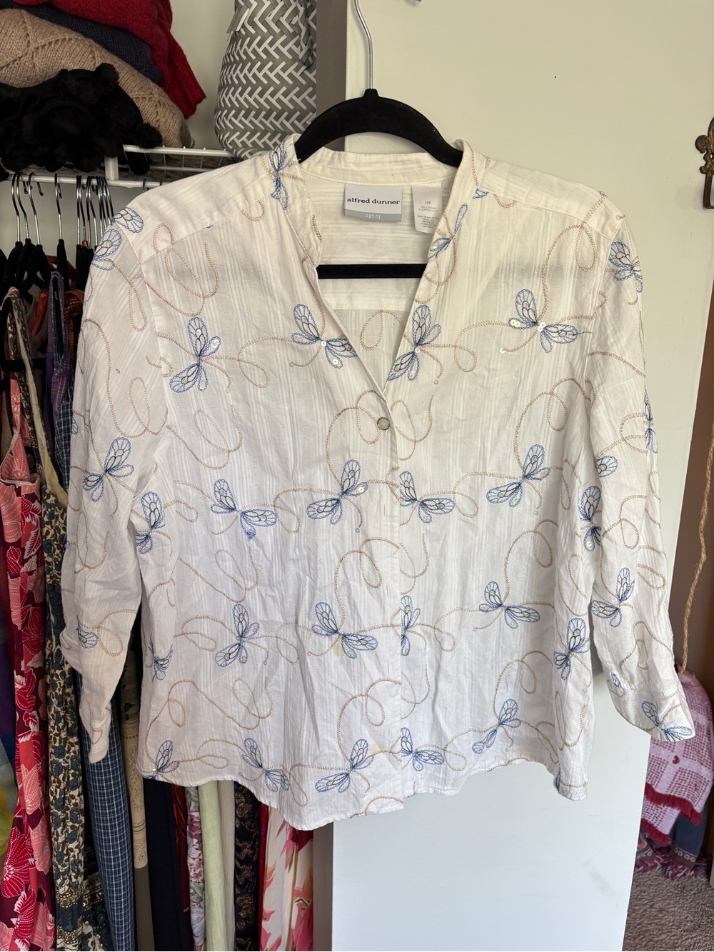Alfred Dunner White Button-Front Blouse with Blue and Tan Dragonfly Embroidery